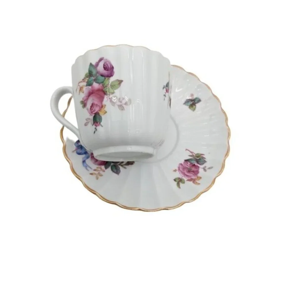 Vintage Spode Copeland's‎ Y5775 Flat Cup & Saucer Set floral ribbon  2 1/2 in